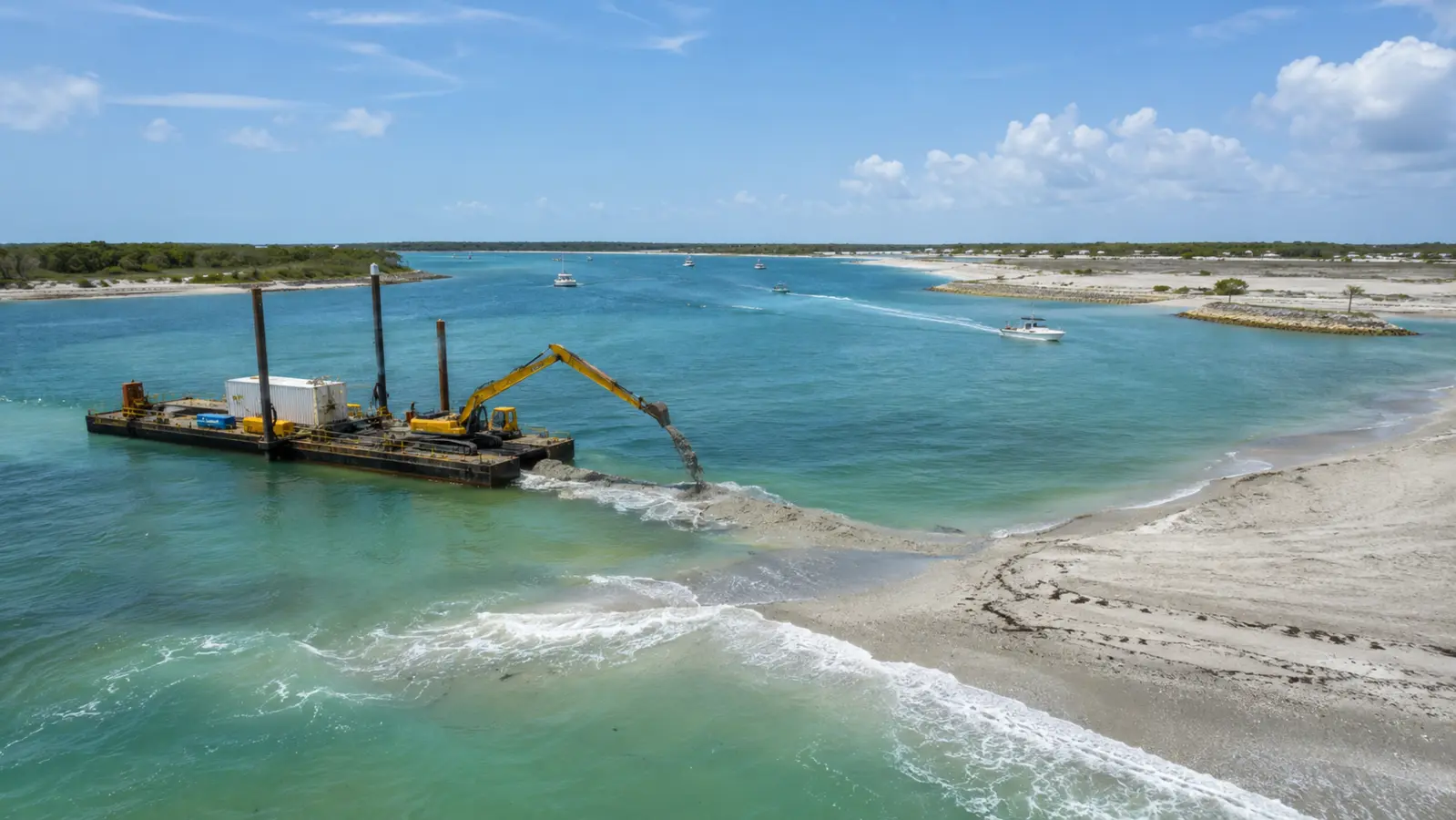 Coastal restoration equipment placing sand along a barrier-island shoreline