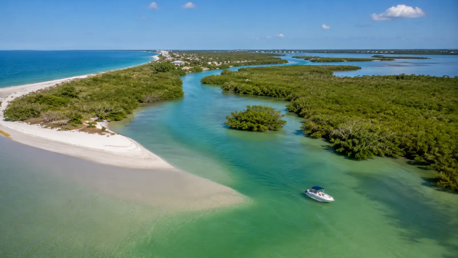 Aerial view of mangrove islands, a shallow inlet and the Gulf near the Stump Pass area