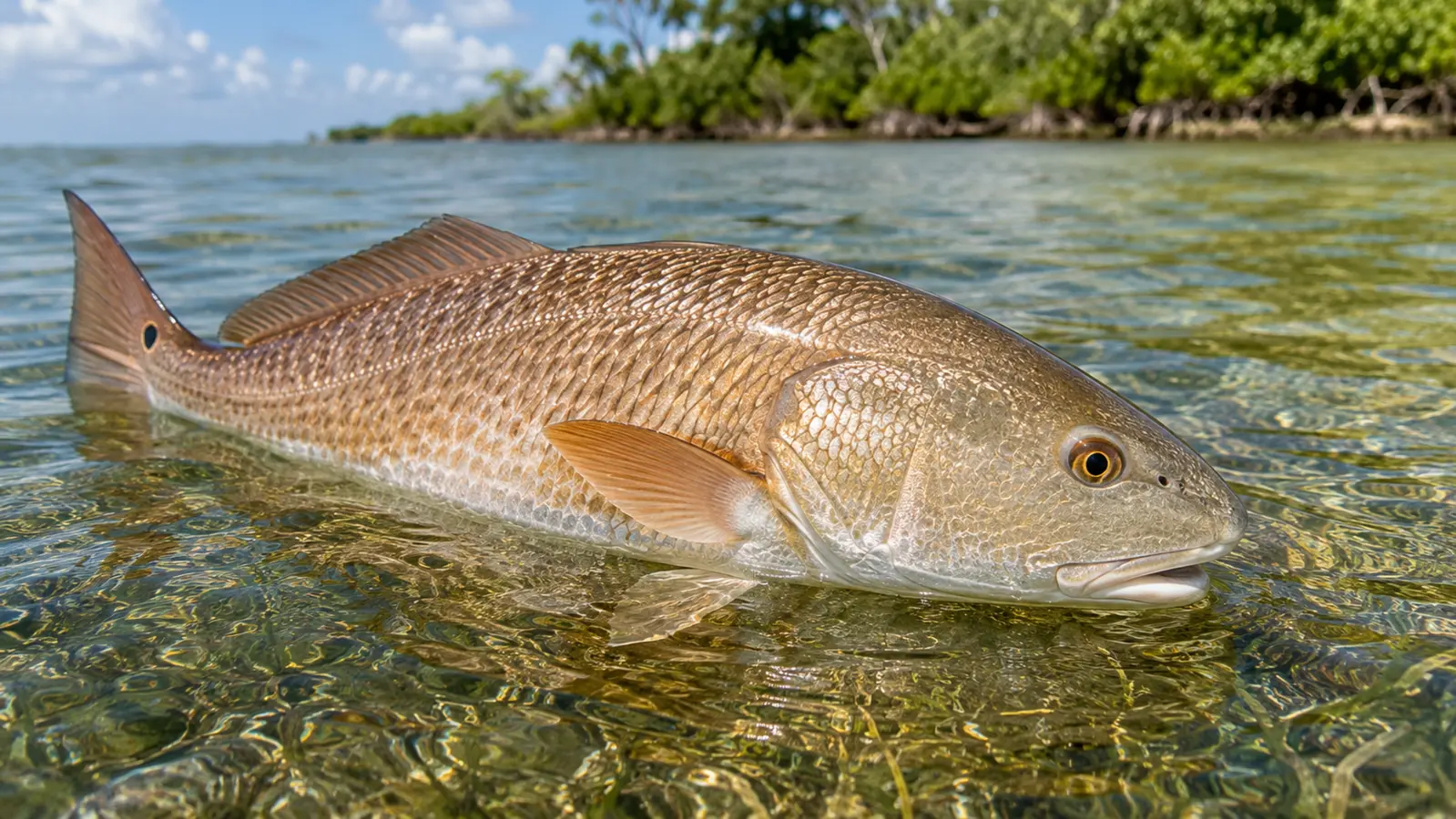 Redfish in clear shallow water beside a Southwest Florida mangrove shoreline