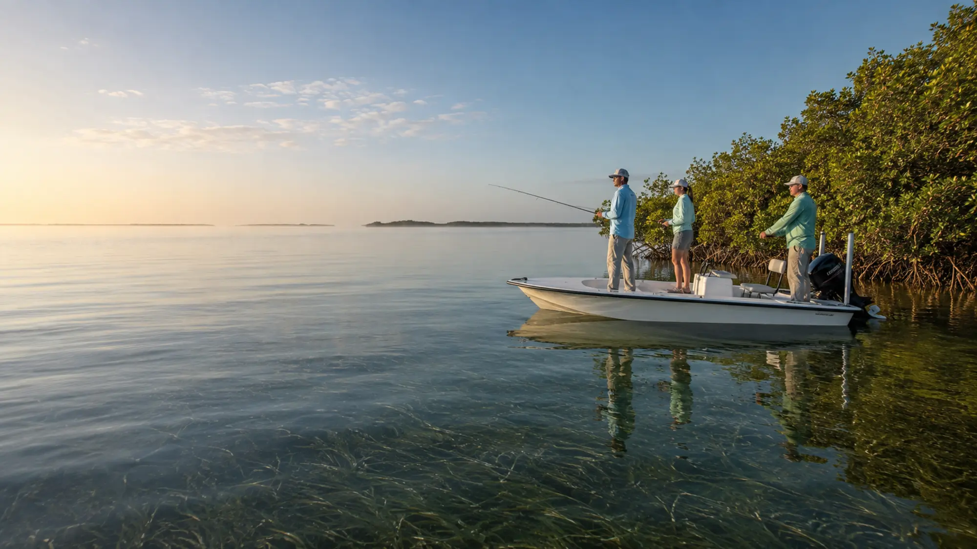 Angler casting from a small boat beside a mangrove shoreline