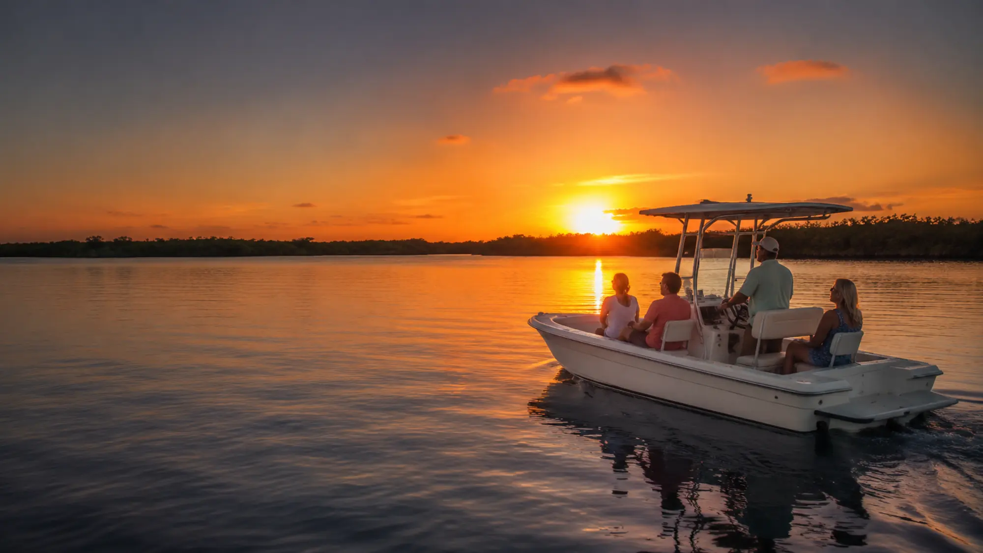 Small boat crossing calm water during sunset